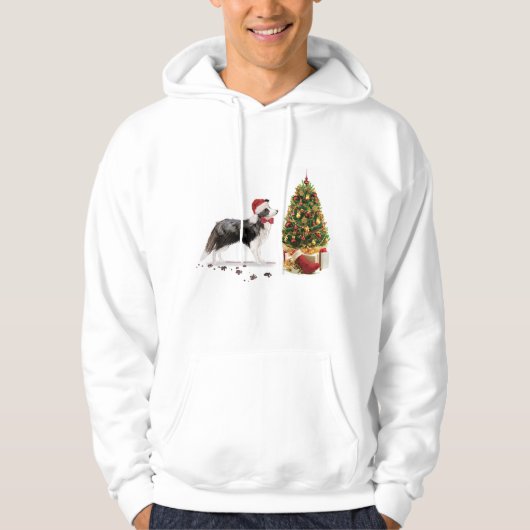 Border Collie Funny kersthond met boom Hoodie (Voorkant)