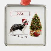 Border Collie Funny kersthond met boom Metalen Ornament (Voorkant)