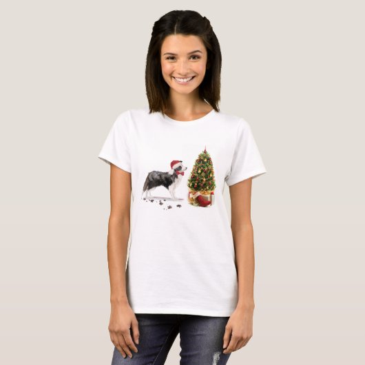 Border Collie Funny kersthond met boom T-shirt (Voorkant volledig)