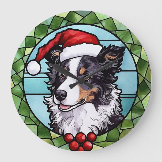 Border Collie Gebrandschilderd Glas Kerstmis Grote Klok (Voorkant)