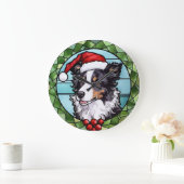Border Collie Gebrandschilderd Glas Kerstmis Grote Klok (Huis)