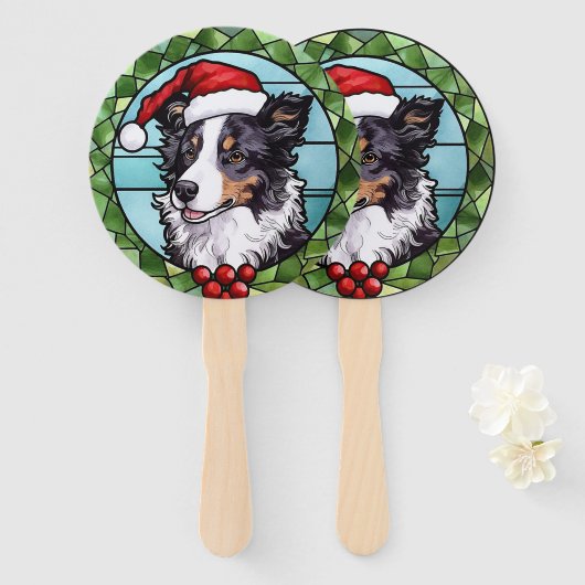 Border Collie Gebrandschilderd Glas Kerstmis Handwaaier (Voorkant en achterkant)
