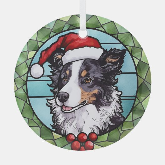 Border Collie Gebrandschilderd Glas Kerstmis Ornament (Voorkant)