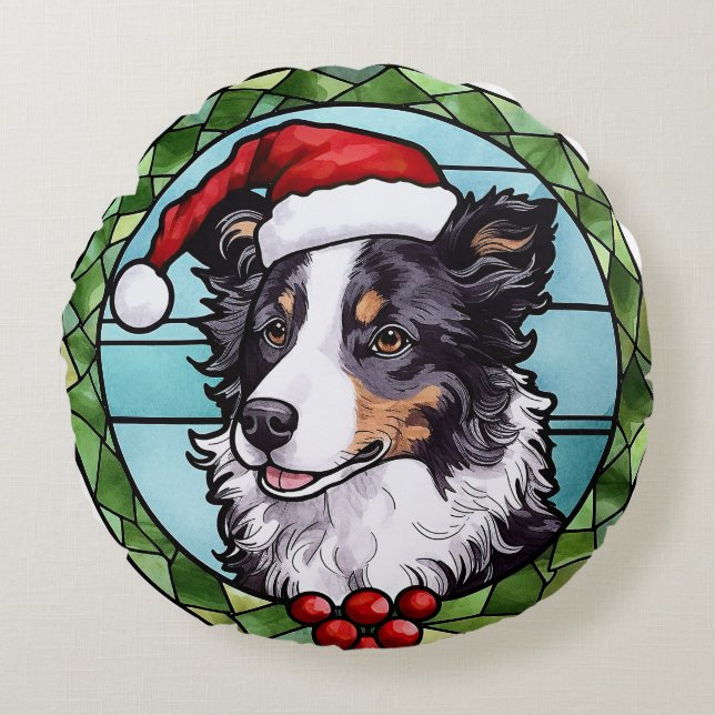 Border Collie Gebrandschilderd Glas Kerstmis Rond Kussen (Voorkant)