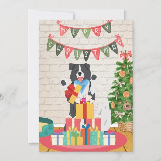 Border Collie Geeft Botten Hond Kerstcadeau Feestdagenkaart (Voorkant)