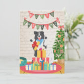 Border Collie Geeft Botten Hond Kerstcadeau Feestdagenkaart (Staand voorkant)