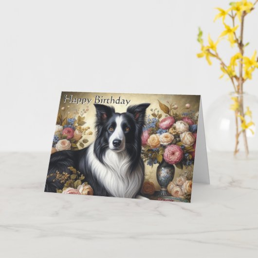 Border Collie Gefeliciteerd Vouwkaart Kaart (Gele Bloem)