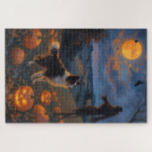 Border Collie Geheime Pompoen Veld Halloween Kunst Legpuzzel (Horizontaal)