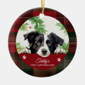 Border Collie gepersonaliseerde eerste kerst Keramisch Ornament (Voorkant)