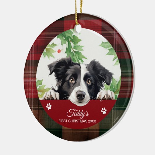 Border Collie gepersonaliseerde eerste kerst Keramisch Ornament (Links)