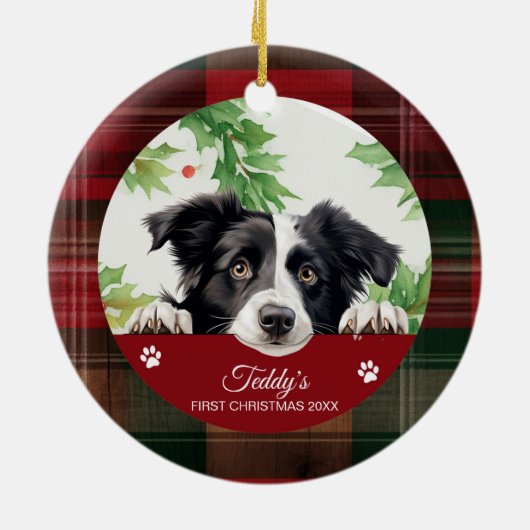 Border Collie gepersonaliseerde eerste kerst Keramisch Ornament (Achterkant)