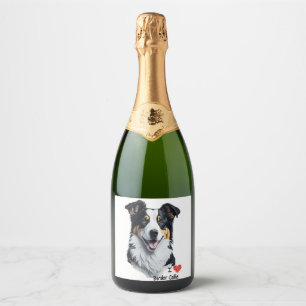 Border Collie gezicht (met I Love tekst) Sparkling Wijnetiket