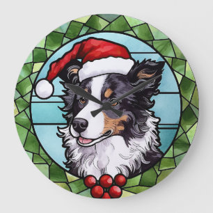 Border Collie Glas in lood Kerst Grote Klok