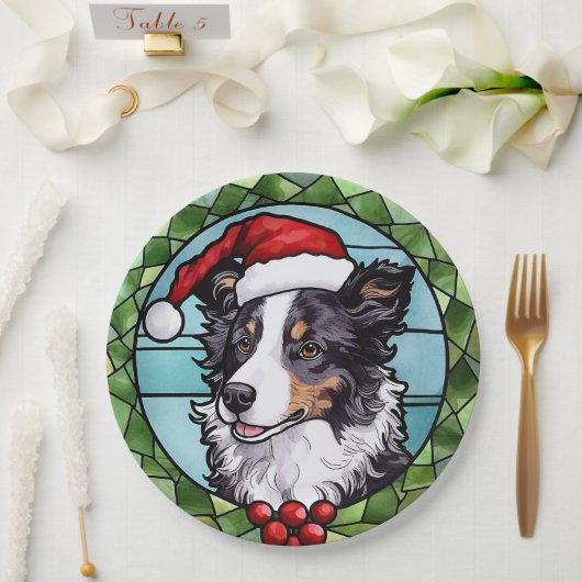 Border Collie Glas in lood Kerst Papieren Bordje (Huwelijk)
