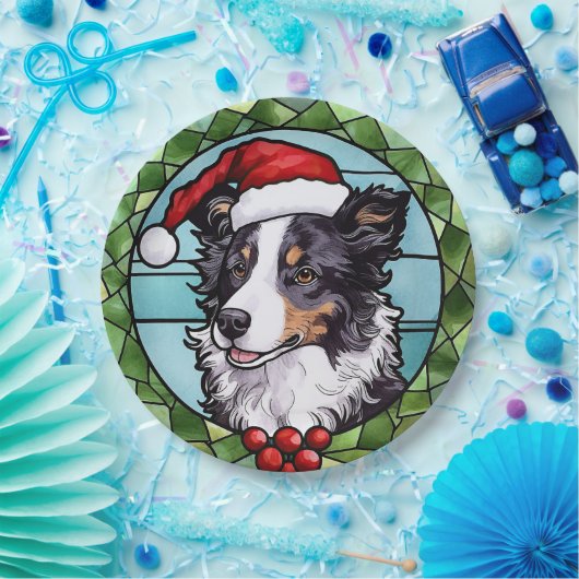 Border Collie Glas in lood Kerst Papieren Bordje (Feest)