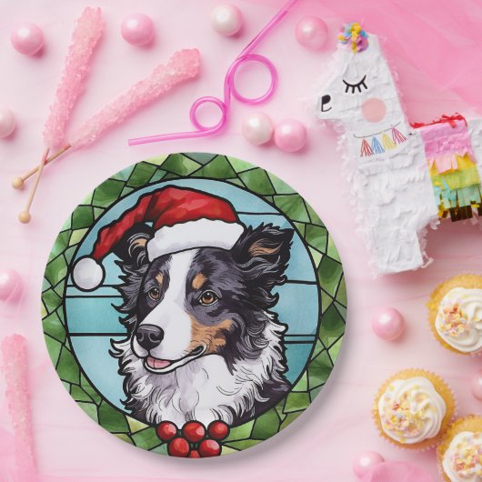 Border Collie Glas in lood Kerst Papieren Bordje (Feest)