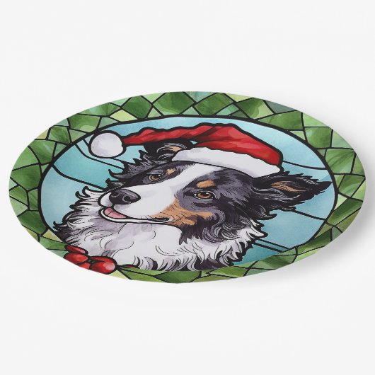 Border Collie Glas in lood Kerst Papieren Bordje (Gekanteld)