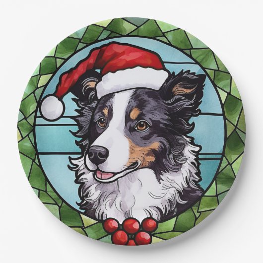 Border Collie Glas in lood Kerst Papieren Bordje (Voorkant)