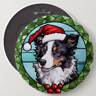 Border Collie Glas in lood Kerst Ronde Button 6,0 Cm