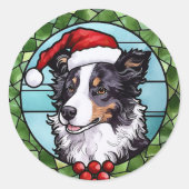 Border Collie Glas in lood Kerst Ronde Sticker (Voorkant)