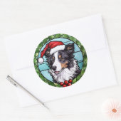 Border Collie Glas in lood Kerst Ronde Sticker (Envelop)