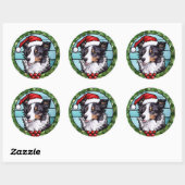 Border Collie Glas in lood Kerst Ronde Sticker (Vel)