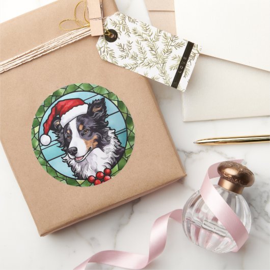Border Collie Glas in lood Kerst Ronde Sticker (Geschenken)
