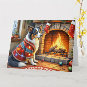 Border Collie Haard met Kerstverlichting Kaart