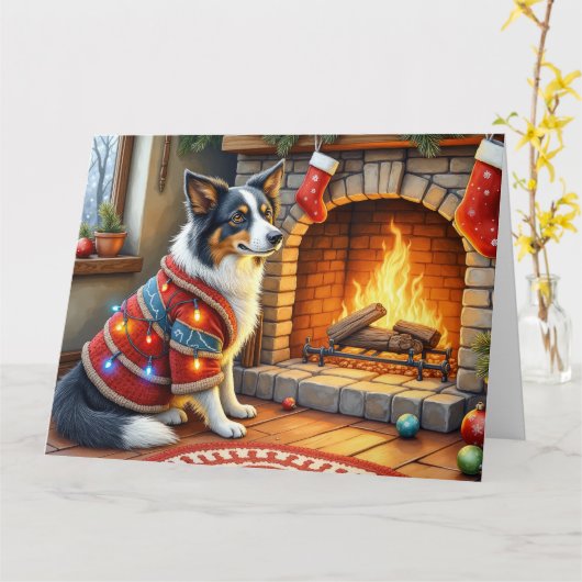 Border Collie Haard met Kerstverlichting Kaart (Gele Bloem)
