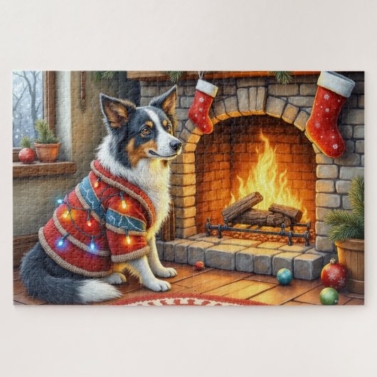 Border Collie Haard met Kerstverlichting Legpuzzel (Horizontaal)