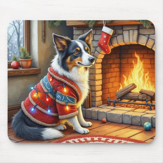 Border Collie Haard met Kerstverlichting Muismat (Voorkant)