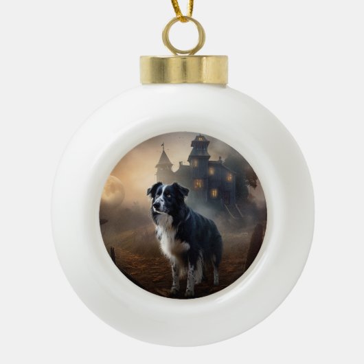 Border Collie Halloween eng Keramische Bal Ornament (Voorkant)