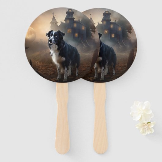 Border Collie Halloween Griezelen Handwaaier (Voorkant en achterkant)