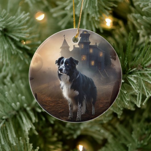 Border Collie Halloween Griezelen Keramisch Ornament (Boom)