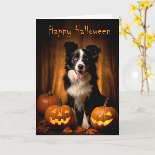 Border Collie Halloween Kaart (Gele Bloem)
