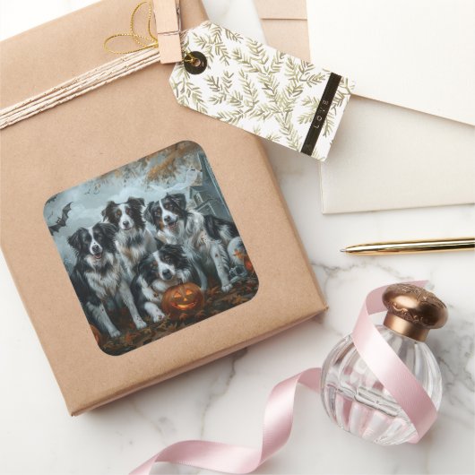Border Collie Halloween Night Doggy Delight Vierkante Sticker (Geschenken)
