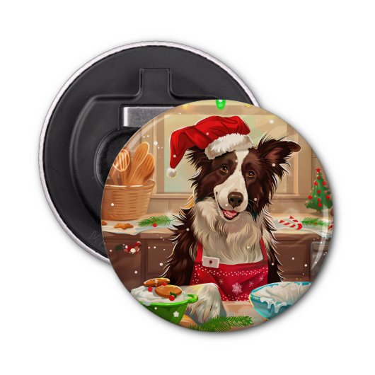 Border Collie Holiday Baking: Feestelijke Kerst Button Flesopener (Voorkant)