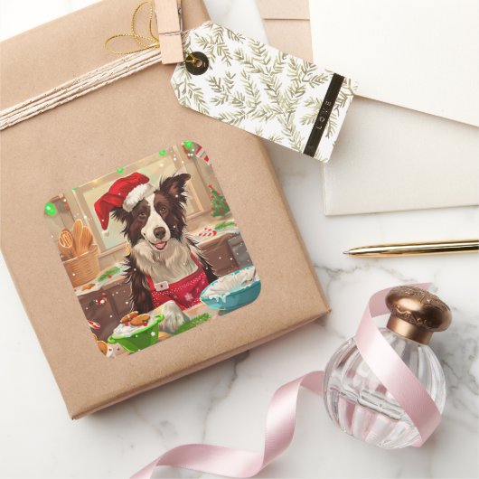 Border Collie Holiday Baking: Feestelijke Kerst Vierkante Sticker (Geschenken)