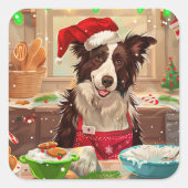 Border Collie Holiday Baking: Feestelijke Kerst Vierkante Sticker (Voorkant)