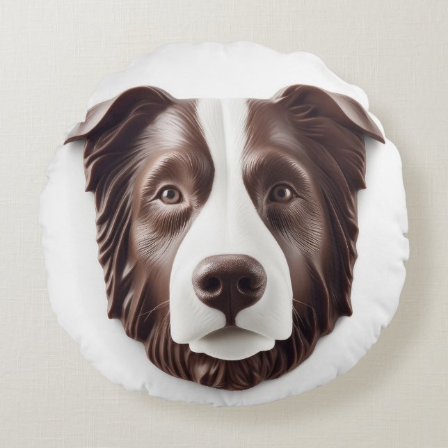 Border Collie Hond 3D Geïnspireerd Rond Kussen (Voorkant)