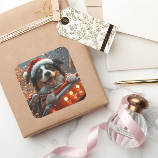 Border Collie Hond Achtbaan Kerstmis Vierkante Sticker (Geschenken)