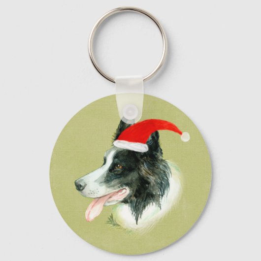 Border Collie Hond Een Kerstmis Kerstman Hoed Sleutelhanger (Voorkant)