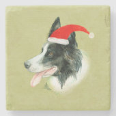 Border Collie Hond Een Kerstmis Kerstman Hoed Stenen Onderzetter (Voorkant)