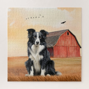 Border Collie-hond en rode schuur boerderij Legpuzzel