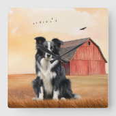Border Collie-hond en rode schuur ranch Vierkante Klok (Voorkant)