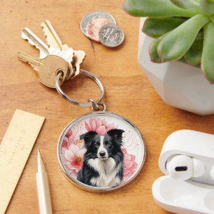 Border Collie-hond en vette roze lelies Sleutelhanger