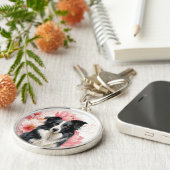 Border Collie-hond en vette roze lelies Sleutelhanger (Zijkant)