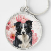 Border Collie-hond en vette roze lelies Sleutelhanger (Voorkant)