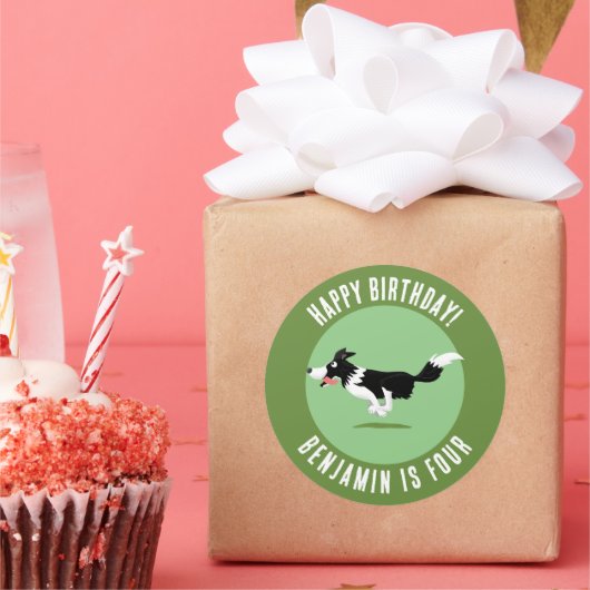 Border Collie hond gepersonaliseerde verjaardag ca Ronde Sticker (Feest)
