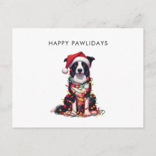 Border Collie-hond gewikkeld in kerstlichtjes Feestdagenkaart